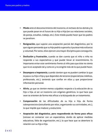 Pautas para padres y madres

•	 Miedo ante el desconocimiento del trastorno, el rechazo de los demás y lo
que puede pasar en el futuro de su hijo o hija (en sus relaciones sociales,
de pareja, estudios, trabajo, etc.). Este miedo puedo hacer que los padres
se paralicen.
•	 Resignación, que supone una aceptación parcial del diagnóstico, por lo
que siguen pensando que su hijo podría superarlo si pusiese más esfuerzo
y voluntad. Por tanto, ellos ejercen una mayor disciplina para conseguirlo.
•	 Desilusión y frustración, cuando se dan cuenta que el niño o niña no
responde a sus expectativas y que puede llevar al resentimiento. Es
importante evitar este sentimiento frente al niño para que éste no sienta
que no es aceptado tal y como es y no exigirle más de lo que puede hacer.
•	 Desamparo e impotencia, cuando sienten que no pueden cambiar lo que
le pasa a su hijo o hija y que dependen de terceros (especialistas médicos,
profesorado, etc.), teniendo que confiar en ellos y que proporcionar
información personal.
•	 Alivio, ya que se sienten menos culpables respecto a la educación de su
hijo o hija, al ser un trastorno con orígenes genéticos, lo que hace que
sean se orienten de forma más eficaz a la búsqueda de un tratamiento.
•	 Compensación de las dificultades de su hijo o hija, de forma
sobreprotectora (estudiando por ellos, organizando sus actividades, etc.),
lo que impide que madure y evolucione.
•	 Aceptación del diagnóstico, pero respondiendo de forma poco eficaz
(retraso en contactar con un especialista, olvido de aplicar medidas
educativas, falta de organización, etc.), lo que hace que se deteriore la
relación con su hijo o hija.
[ 1 2 ]

 