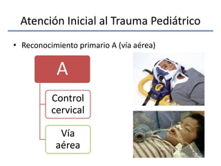 Atención Inicial al Trauma Pediátrico
• Reconocimiento primario A (vía aérea)
A
Control
cervical
Vía
aérea
 