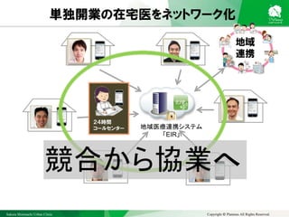 Sakura Shinmachi Urban Clinic Copyright © Platanus All Rights Reserved.
単独開業の在宅医をネットワーク化
地域医療連携システム
「EIR」
地域
連携
２４時間
コールセンター
競合から協業へ
 