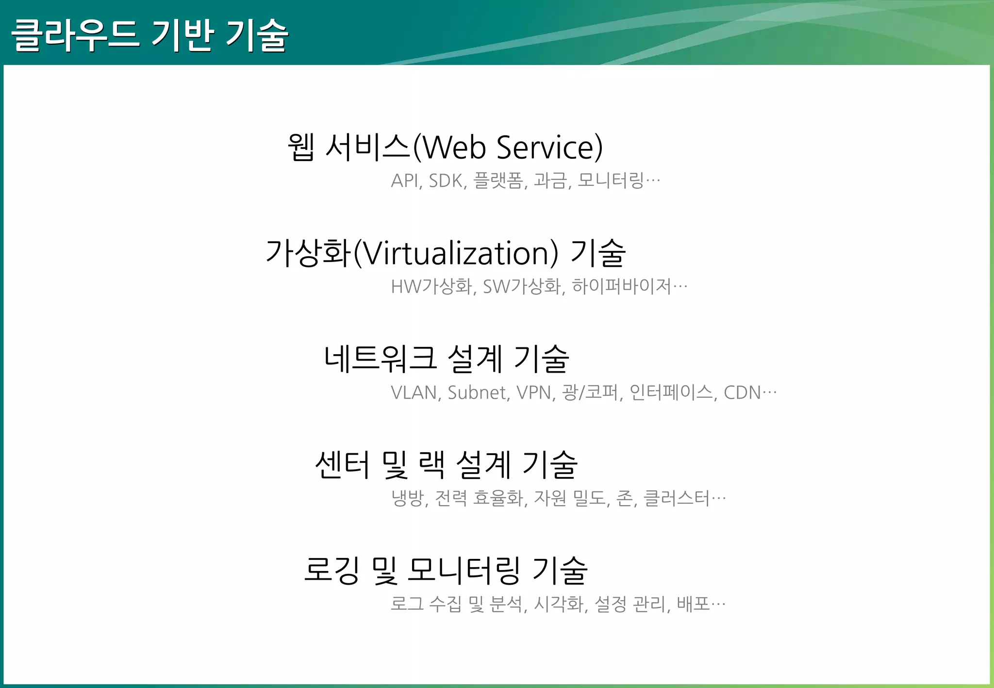 클라우드 기반 기술
웹 서비스(Web Service)
API, SDK, 플랫폼, 과금, 모니터링…

가상화(Virtualization) 기술
HW가상화, SW가상화, 하이퍼바이저…

네트워크 설계 기술
VLAN, Subnet, VPN, 광/코퍼, 인터페이스, CDN…

센터 및 랙 설계 기술
냉방, 전력 효율화, 자원 밀도, 존, 클러스터…

로깅 및 모니터링 기술
로그 수집 및 분석, 시각화, 설정 관리, 배포…

 