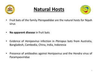 Natural Hosts
• Fruit bats of the family Pteropodidae are the natural hosts for Nipah
virus
• No apparent disease in fruit bats
• Evidence of Henipavirus infection in Pteropus bats from Australia,
Bangladesh, Cambodia, China, India, Indonesia
• Presence of antibodies against Henipavirus and the Hendra virus of
Paramyxoviridae
7
 