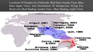 Locations Of Henipavirus Outbreaks (Red Stars–hendra Virus; Blue
Stars–nipah Virus) And Distribution Of Henipavirus Flying Fox
Reservoirs (Red Shading–hendra Virus ; Blue Shading–nipah Virus)
http://cid.oxfordjournals.org/content/49/11/1743.full
 