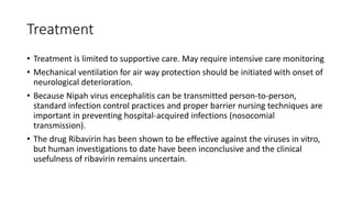 Treatment
• Treatment is limited to supportive care. May require intensive care monitoring
• Mechanical ventilation for air way protection should be initiated with onset of
neurological deterioration.
• Because Nipah virus encephalitis can be transmitted person-to-person,
standard infection control practices and proper barrier nursing techniques are
important in preventing hospital-acquired infections (nosocomial
transmission).
• The drug Ribavirin has been shown to be effective against the viruses in vitro,
but human investigations to date have been inconclusive and the clinical
usefulness of ribavirin remains uncertain.
 