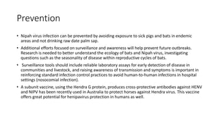 Prevention
• Nipah virus infection can be prevented by avoiding exposure to sick pigs and bats in endemic
areas and not drinking raw date palm sap.
• Additional efforts focused on surveillance and awareness will help prevent future outbreaks.
Research is needed to better understand the ecology of bats and Nipah virus, investigating
questions such as the seasonality of disease within reproductive cycles of bats.
• Surveillance tools should include reliable laboratory assays for early detection of disease in
communities and livestock, and raising awareness of transmission and symptoms is important in
reinforcing standard infection control practices to avoid human-to-human infections in hospital
settings (nosocomial infection).
• A subunit vaccine, using the Hendra G protein, produces cross-protective antibodies against HENV
and NIPV has been recently used in Australia to protect horses against Hendra virus. This vaccine
offers great potential for henipavirus protection in humans as well.
 