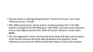 • Genetic factors in distinguishing between "human flu viruses" and "avian
influenza viruses" include:
• PB2: (RNA polymerase): Amino acid (or residue) position 627 in the PB2
protein encoded by the PB2 RNA gene. Until H5N1, all known avian influenza
viruses had a Glu at position 627, while all human influenza viruses had a
lysine.
• HA: (hemagglutinin): Avian influenza HA binds alpha 2–3 sialic acid receptors,
while human influenza HA binds alpha 2–6 sialic acid receptors. Swine
influenza viruses have the ability to bind both types of sialic acid receptors.
 