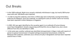 Out Breaks
• In the 1999 outbreak, Nipah virus caused a relatively mild disease in pigs, but nearly 300 human
cases with over 100 deaths were reported.
• In order to stop the outbreak, more than a million pigs were euthanized, causing tremendous
trade loss for Malaysia. Since this outbreak, no subsequent cases (in neither swine nor human)
have been reported in either Malaysia or Singapore.
• In 2001, NiV was again identified as the causative agent in an outbreak of human disease
occurring in Bangladesh. Genetic sequencing confirmed this virus as Nipah virus, but a strain
different from the one identified in 1999.
• In the same year, another outbreak was identified retrospectively in Siliguri, India with reports of
person-to-person transmission in hospital settings (nosocomial transmission). Unlike the
Malaysian NiV outbreak, outbreaks occur almost annually in Bangladesh and have been reported
several times in India.
 