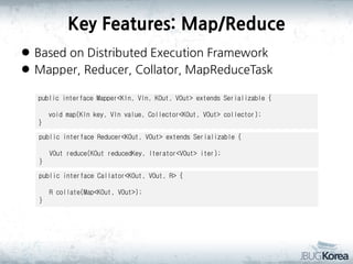 Key Features: Map/Reduce
 Based on Distributed Execution Framework
 Mapper, Reducer, Collator, MapReduceTask
public interface Mapper<KIn, VIn, KOut, VOut> extends Serializable {

void map(KIn key, VIn value, Collector<KOut, VOut> collector);
}
public interface Reducer<KOut, VOut> extends Serializable {
VOut reduce(KOut reducedKey, Iterator<VOut> iter);
}

public interface Callator<KOut, VOut, R> {
R collate(Map<KOut, VOut>);
}

 