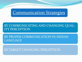 Communication Strategies

BY COMMUNICATING AND CHANGING QUAL-
ITY PERCEPTION

BY PROPER COMMUNICATION IN INDIAN
LANGUAGE

BY TARGET CHANGING PERCEPTION
 