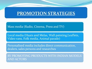 PROMOTION STRATEGIES

Mass media (Radio, Cinema, Press and TV)

Local media (Haats and Melas, Wall painting,Leaflets,
Video vans, Folk media, Animal parade)

Personalised media includes direct communication,
dealers, sales persons and researches

BY PROMOTING PRODUCTS WITH INDIAN MODELS
AND ACTORS
 