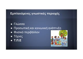 Εμπλεκόμενες γνωστικές περιοχές
● Γλώσσα
● Προσωπική και κοινωνική ανάπτυξη
● Φυσικό περιβάλλον
● Τέχνες
● Τ.Π.Ε
 