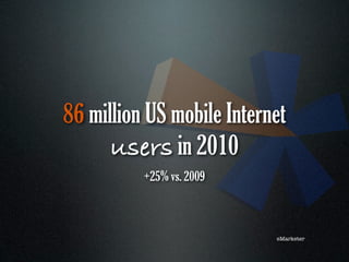 86 million US mobile Internet
      users in 2010
          +25% vs. 2009



                           eMarketer
 