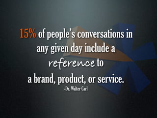 15% of people’s conversations in
     any given day include a
        reference to
  a brand, product, or service.
            -Dr. Walter Carl
 