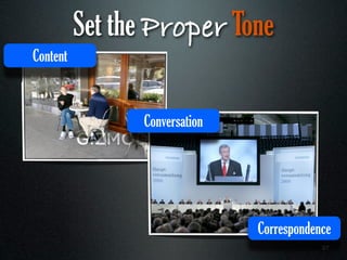 Set the Proper Tone
Content



                Conversation




                               Correspondence
                                           27
 