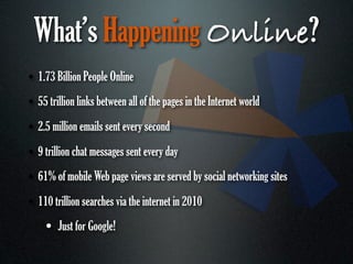 What’s Happening Online?
• 1.73 Billion People Online
• 55 trillion links between all of the pages in the Internet world
• 2.5 million emails sent every second
• 9 trillion chat messages sent every day
• 61% of mobile Web page views are served by social networking sites
• 110 trillion searches via the internet in 2010
    • Just for Google!
 