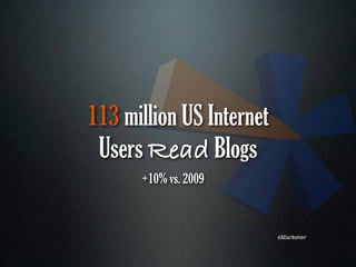 113 million US Internet
 Users Read Blogs
      +10% vs. 2009



                          eMarketer
 