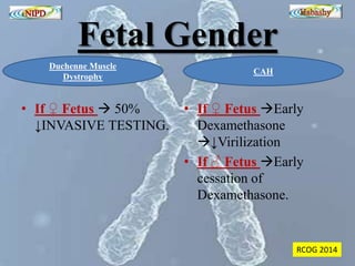 Fetal Gender 
• If ♀ Fetus  50% 
↓INVASIVE TESTING. 
• If ♀ Fetus Early 
Dexamethasone 
↓Virilization 
• If ♂ Fetus Early 
cessation of 
Dexamethasone. 
Duchenne Muscle 
Dystrophy 
CAH 
RCOG 2014 
 