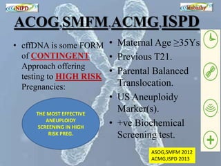 ACOG,SMFM,ACMG,ISPD 
• cffDNA is some FORM 
of CONTINGENT 
Approach offering 
testing to HIGH RISK 
Pregnancies: 
• Maternal Age ≥35Ys. 
• Previous T21. 
• Parental Balanced 
Translocation. 
• US Aneuploidy 
Marker(s). 
• +ve Biochemical 
Screening test. 
THE MOST EFFECTIVE 
ANEUPLOIDY 
SCREENING IN HIGH 
RISK PREG. 
ASOG,SMFM 2012 
ACMG,ISPD 2013 
 