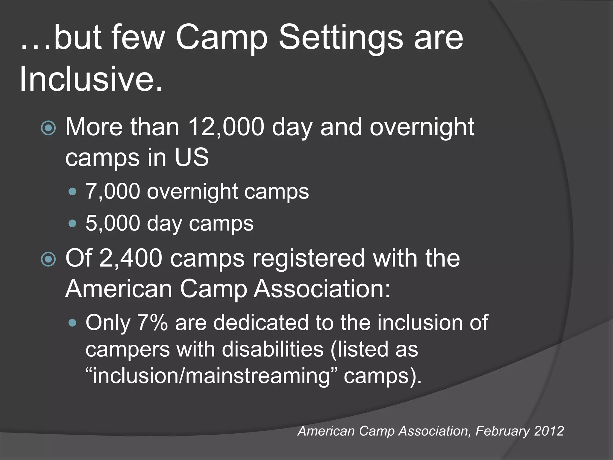 …but few Camp Settings are
Inclusive.
    More than 12,000 day and overnight
     camps in US
      7,000 overnight camps
      5,000 day camps
    Of 2,400 camps registered with the
     American Camp Association:
      Only 7% are dedicated to the inclusion of
      campers with disabilities (listed as
      “inclusion/mainstreaming” camps).

                            American Camp Association, February 2012
 