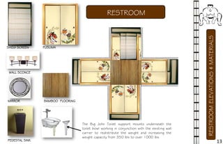 The Big John Toilet support mounts underneath the
toilet bowl working in conjunction with the existing wall
carrier to redistribute the weight and increasing the
weight capacity from 350 lbs to over 1000 lbs
BAMBOO FLOORING
SHOJI SCREEN
MIRROR
PEDESTAL SINK
FUSUMA
WALL SCONCE
RESTROOMELEVATIONS&MATERIALS
RESTROOM
13
 