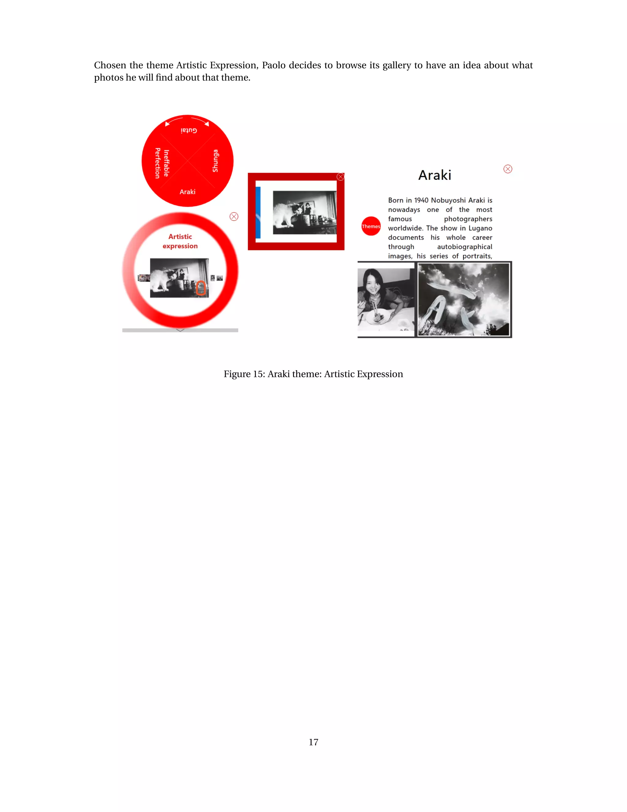 Chosen the theme Artistic Expression, Paolo decides to browse its gallery to have an idea about what
photos he will ﬁnd about that theme.
Figure 15: Araki theme: Artistic Expression
17
 