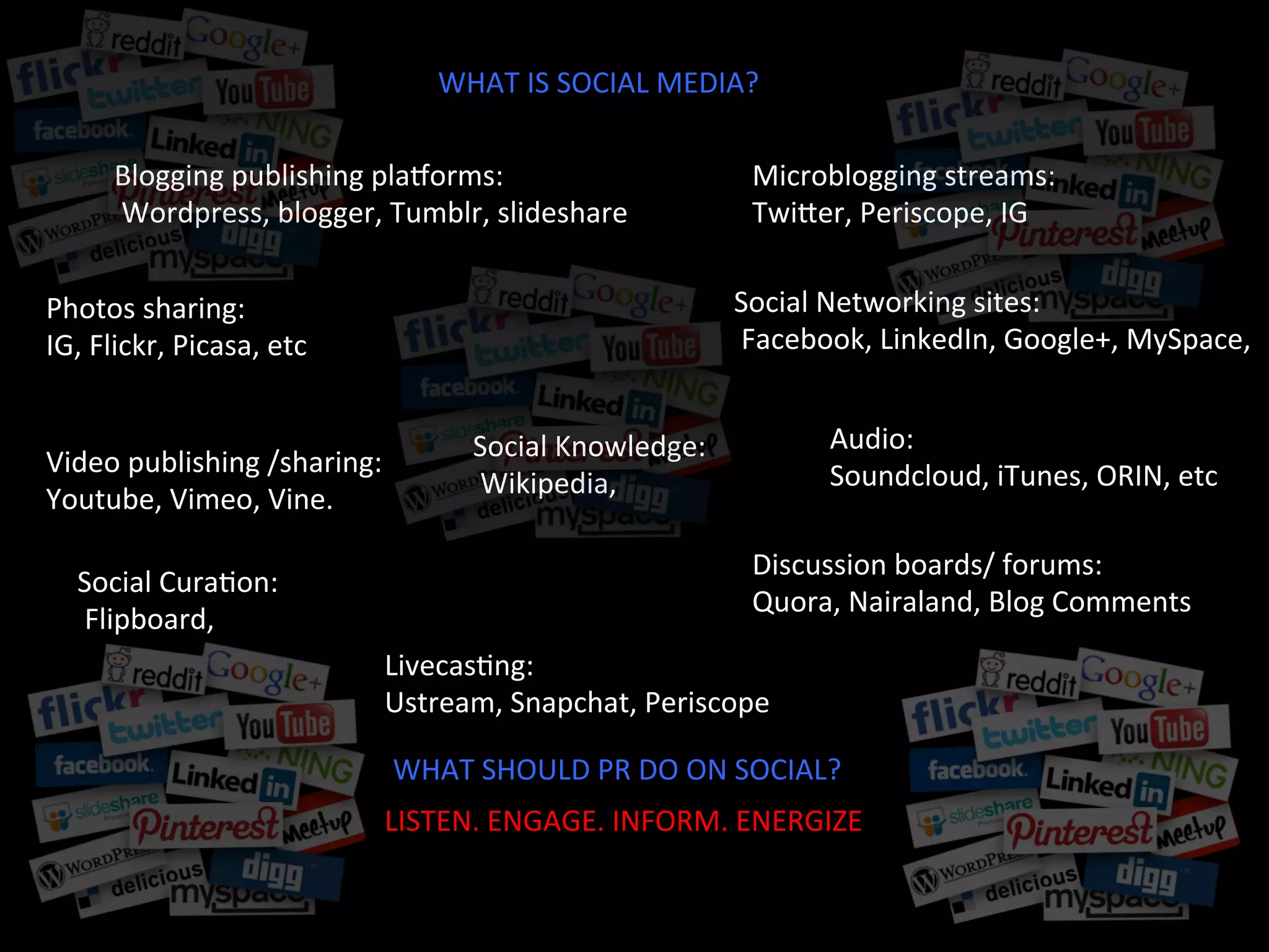 WHAT	
  IS	
  SOCIAL	
  MEDIA?	
  
Blogging	
  publishing	
  plaQorms:	
  
	
  Wordpress,	
  blogger,	
  Tumblr,	
  slideshare	
  
Microblogging	
  streams:	
  	
  
TwiTer,	
  Periscope,	
  IG	
  
	
  
Photos	
  sharing:	
  	
  
IG,	
  Flickr,	
  Picasa,	
  etc	
  
Social	
  Networking	
  sites:	
  
	
  Facebook,	
  LinkedIn,	
  Google+,	
  MySpace,	
  	
  
	
  
Video	
  publishing	
  /sharing:	
  	
  
Youtube,	
  Vimeo,	
  Vine.	
  
	
  
LivecasJng:	
  
Ustream,	
  Snapchat,	
  Periscope	
  
Social	
  CuraJon:	
  
	
  Flipboard,	
  	
  
	
  
Discussion	
  boards/	
  forums:	
  	
  
Quora,	
  Nairaland,	
  Blog	
  Comments	
  	
  
	
  
Social	
  Knowledge:	
  
	
  Wikipedia,	
  
	
  
Audio:	
  
Soundcloud,	
  iTunes,	
  ORIN,	
  etc	
  
LISTEN.	
  ENGAGE.	
  INFORM.	
  ENERGIZE	
  
WHAT	
  SHOULD	
  PR	
  DO	
  ON	
  SOCIAL?	
  
 