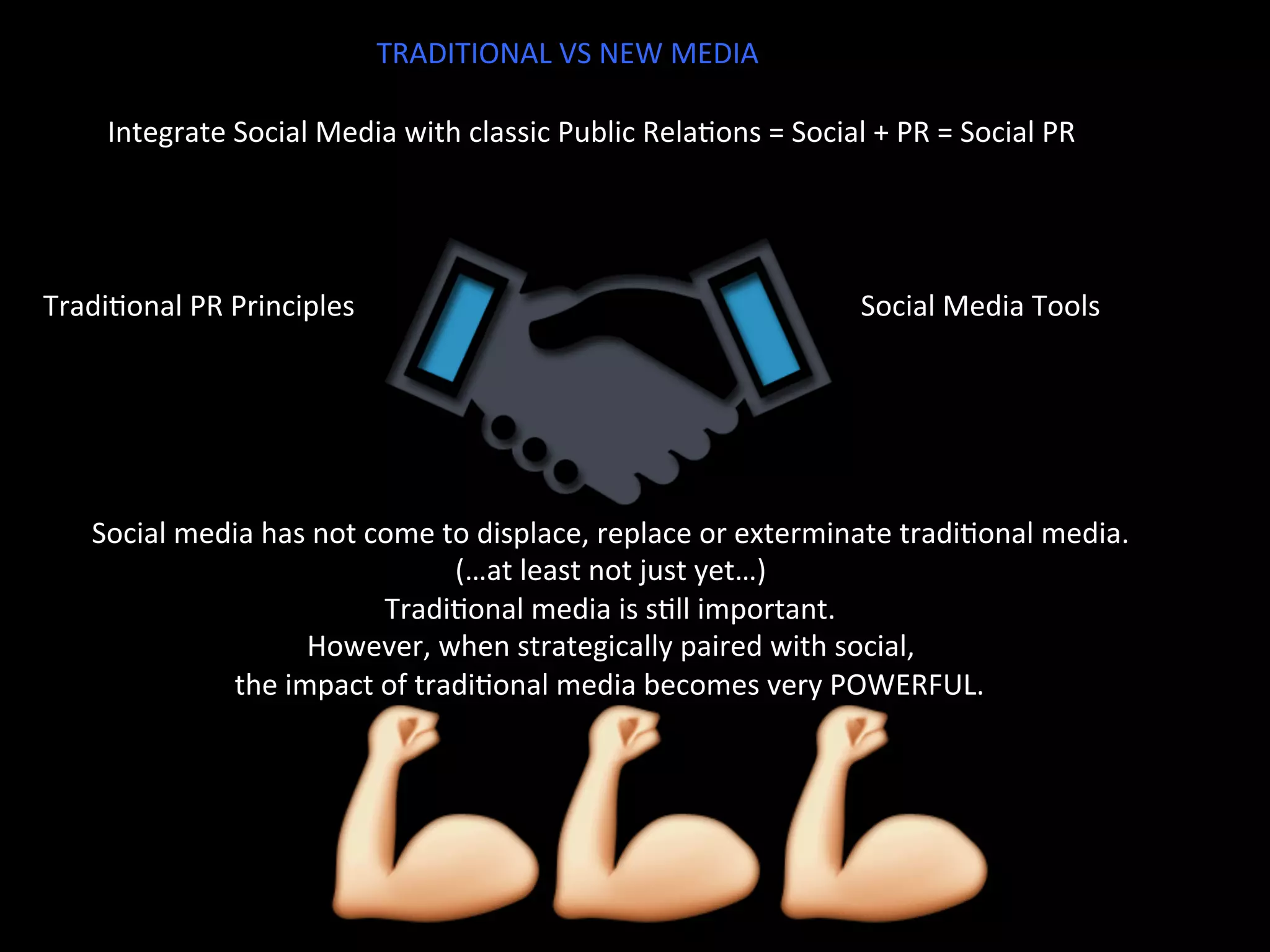  Integrate	
  Social	
  Media	
  with	
  classic	
  Public	
  RelaJons	
  =	
  Social	
  +	
  PR	
  =	
  Social	
  PR	
  
	
  
Social	
  media	
  has	
  not	
  come	
  to	
  displace,	
  replace	
  or	
  exterminate	
  tradiJonal	
  media.	
  
(…at	
  least	
  not	
  just	
  yet…)	
  	
  
TradiJonal	
  media	
  is	
  sJll	
  important.	
  	
  
However,	
  when	
  strategically	
  paired	
  with	
  social,	
  	
  
the	
  impact	
  of	
  tradiJonal	
  media	
  becomes	
  very	
  POWERFUL.	
  	
  
TRADITIONAL	
  VS	
  NEW	
  MEDIA	
  
Social	
  Media	
  Tools	
  TradiJonal	
  PR	
  Principles	
  
 