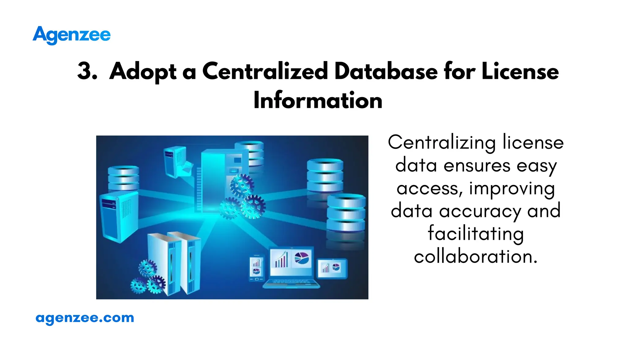 agenzee.com
3. Adopt a Centralized Database for License
Information
Centralizing license
data ensures easy
access, improving
data accuracy and
facilitating
collaboration.
 