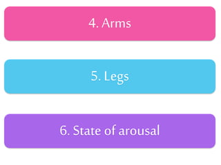 4. Arms
5. Legs
6. State of arousal
 