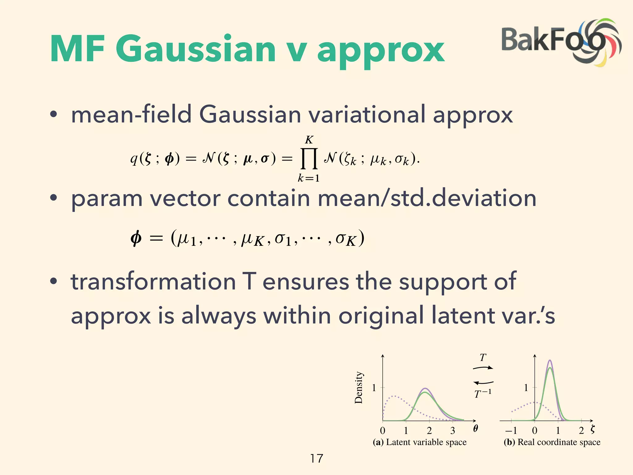 MF Gaussian v approx
• mean-ﬁeld Gaussian variational approx
• param vector contain mean/std.deviation
• transformation T ensures the support of
approx is always within original latent var.’s
17
sforms the joint density of any di erentiable probability model to the real coordinate space. Now
can choose a variational distribution independent from the model.
Implicit Non-Gaussian Variational Approximation
er the transformation, the latent variables ⇣ have support on RK
. We posit a diagonal (mean-ﬁeld)
ssian variational approximation
q.⇣ I / D N .⇣ I ; / D
KY
kD1
N .⇣k I k; k/:
If supp.q/ › supp.p/ then outside the support of p we have KL.q k p/ D EqŒlog qç EqŒlog pç D 1.
Stan provides transformations for upper and lower bounds, simplex and ordered vectors, and structured
ices such as covariance matrices and Cholesky factors [4].
4
0 1 2 3 ✓
(a) Latent variable space
1 0 1 2 ⇣
(b) Real coordinate space
2 1 0
(c) Standar
Figure 3: Transformations for . The purple line is the posterior. The gree
mation. (a) The latent variable space is RC
. (a!b) T transforms the latent var
The variational approximation is a Gaussian. (b!c) S ;! absorbs the parame
(c) We maximize the in the standardized space, with a ﬁxed standard Gau
The vector D . 1; ; K; 1; ; K/ contains the mean and standard dev
sian factor. This deﬁnes our variational approximation in the real coordinate sp
The transformation T maps the support of the latent variables to the real coordin
T 1
maps back to the support of the latent variables. This implicitly deﬁnes th
imation in the original latent variable space as q.T .✓/ I /
ˇ
ˇ det JT .✓/
ˇ
ˇ: The tra
that the support of this approximation is always bounded by that of the true pos
latent variable space (Figure 3a). Thus we can freely optimize the in the r
(Figure 3b) without worrying about the support matching constraint.
The in the real coordinate space is

0 1 2 3
1
✓
Density
(a) Latent variable space
T
T 1
1 0 1 2
1
⇣
(b) Real coordinate space
S ;!
S 1
;!
Figure 3: Transformations for . The purple line is the posterio
 