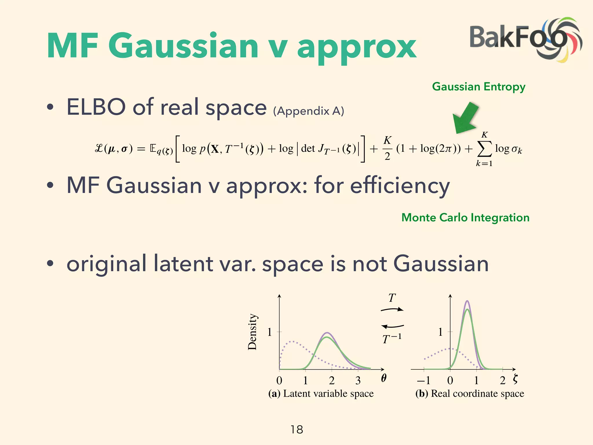 MF Gaussian v approx
• ELBO of real space (Appendix A)
• MF Gaussian v approx: for efﬁciency
• original latent var. space is not Gaussian
18
The vector D . 1; ; K; 1; ; K/ contains the mean and standard deviation of each Gaus-
sian factor. This deﬁnes our variational approximation in the real coordinate space. (Figure 3b.)
The transformation T maps the support of the latent variables to the real coordinate space; its inverse
T 1
maps back to the support of the latent variables. This implicitly deﬁnes the variational approx-
imation in the original latent variable space as q.T .✓/ I /
ˇ
ˇ det JT .✓/
ˇ
ˇ: The transformation ensures
that the support of this approximation is always bounded by that of the true posterior in the original
latent variable space (Figure 3a). Thus we can freely optimize the in the real coordinate space
(Figure 3b) without worrying about the support matching constraint.
The in the real coordinate space is
L. ; / D Eq.⇣/

log p X; T 1
.⇣/ C log
ˇ
ˇ det JT 1 .⇣/
ˇ
ˇ C
K
2
.1 C log.2⇡// C
KX
kD1
log k;
where we plug in the analytic form of the Gaussian entropy. (The derivation is in Appendix A.)
We choose a diagonal Gaussian for e ciency. This choice may call to mind the Laplace approxima-
tion technique, where a second-order Taylor expansion around the maximum-a-posteriori estimate
gives a Gaussian approximation to the posterior. However, using a Gaussian variational approxima-
tion is not equivalent to the Laplace approximation [18]. The Laplace approximation relies on max-
imizing the probability density; it fails with densities that have discontinuities on its boundary. The
Gaussian approximation considers probability mass; it does not su er this degeneracy. Furthermore,
our approach is distinct in another way: because of the transformation, the posterior approximation
in the original latent variable space (Figure 3a) is non-Gaussian.
2.5 Automatic Di erentiation for Stochastic Optimization
We now maximize the in real coordinate space,
⇤
; ⇤
D arg max
;
L. ; / such that 0: (3)
We use gradient ascent to reach a local maximum of the . Unfortunately, we cannot apply auto-
matic di erentiation to the in this form. This is because the expectation deﬁnes an intractable
integral that depends on and ; we cannot directly represent it as a computer program. More-
over, the standard deviations in must remain positive. Thus, we employ one ﬁnal transformation:
Gaussian Entropy
0 1 2 3
1
✓
Density
(a) Latent variable space
T
T 1
1 0 1 2
1
⇣
(b) Real coordinate space
S ;!
S 1
;!
2
(c) St
Figure 3: Transformations for . The purple line is the posterior. The
mation. (a) The latent variable space is RC
. (a!b) T transforms the laten
Monte Carlo Integration
 