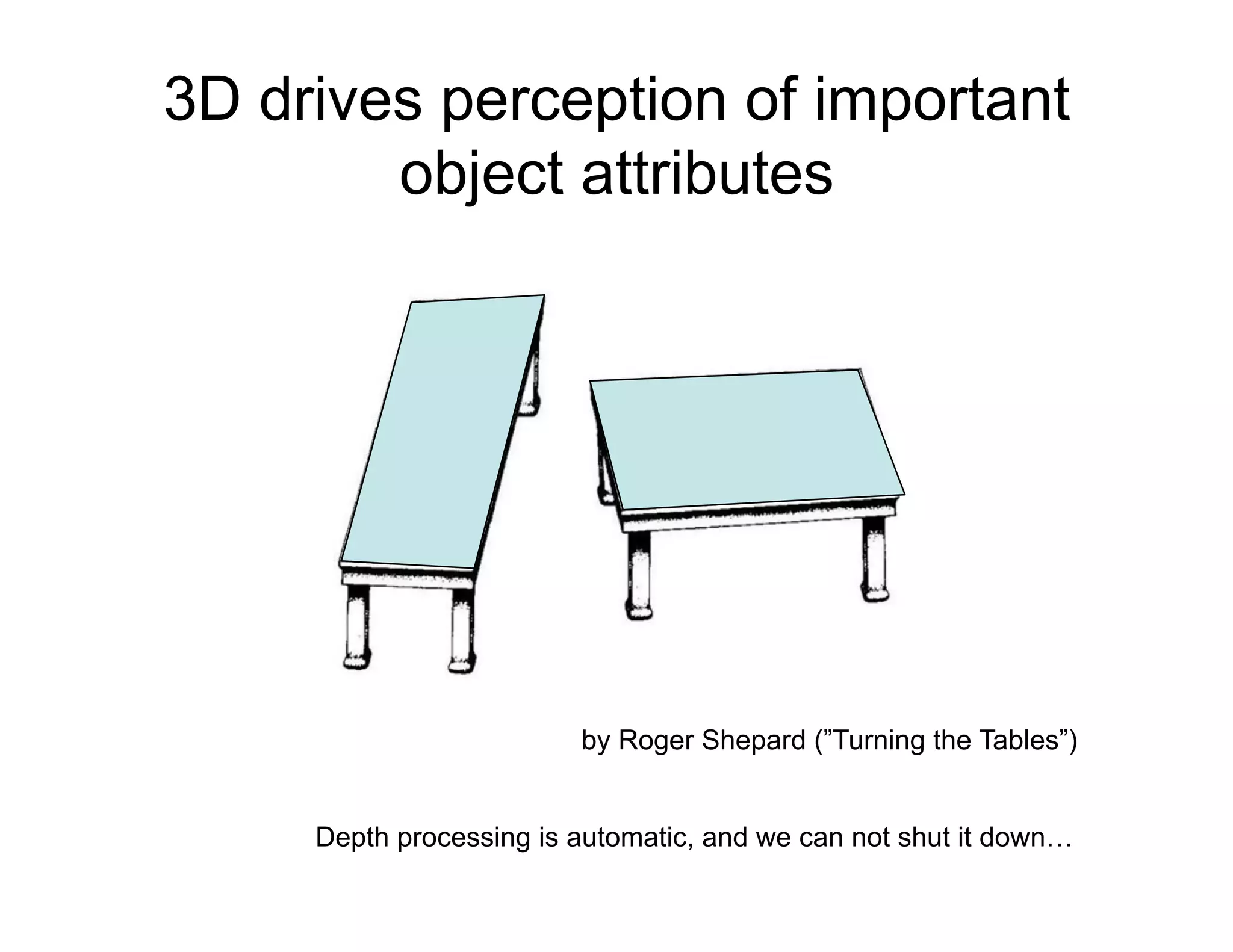 3D drives perception of important
        object attributes




                         by Roger Shepard (”Turning the Tables”)


     Depth processing is automatic, and we can not shut it down…
 