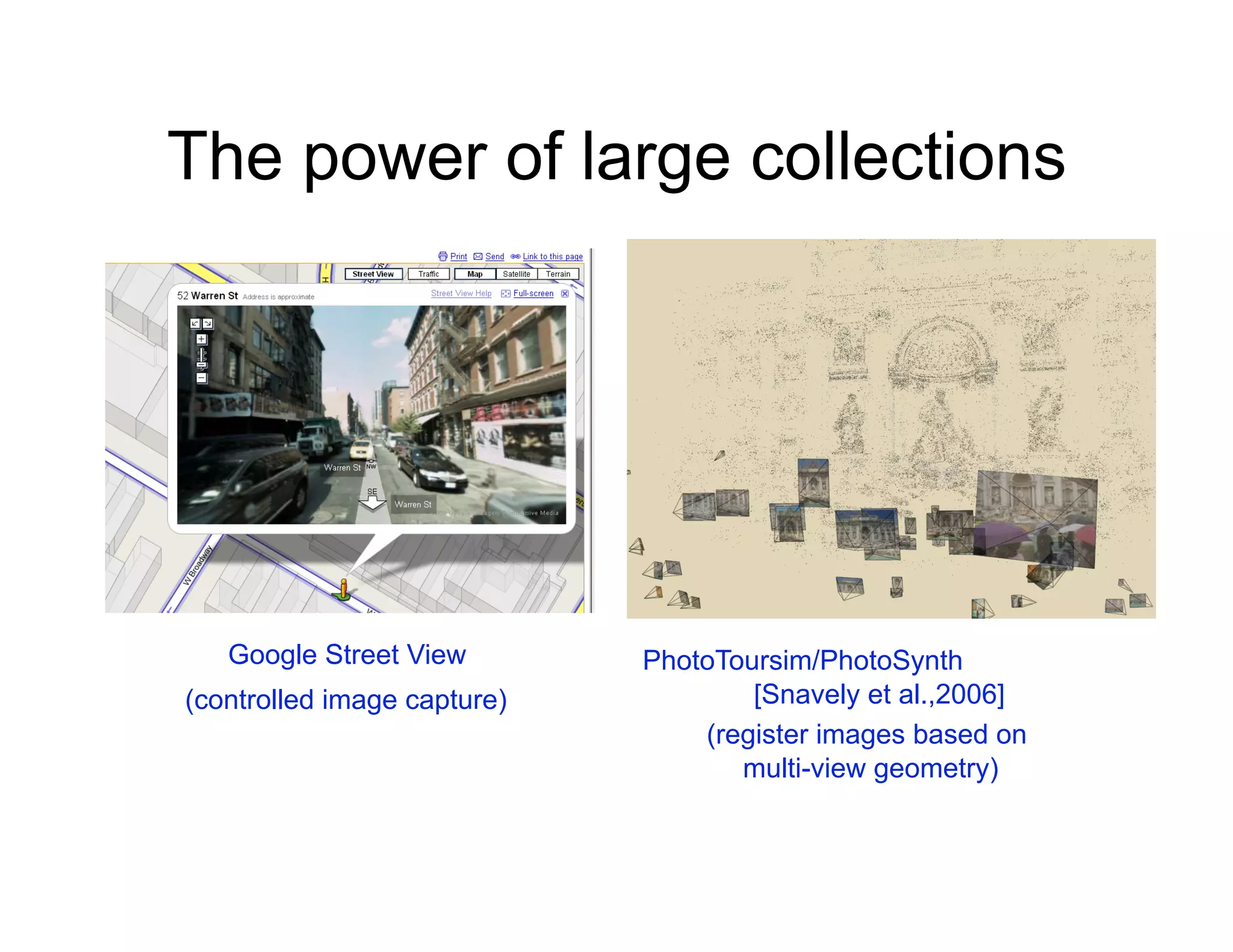 The power of large collections




   Google Street View        PhotoToursim/PhotoSynth
(controlled image capture)           [Snavely et al.,2006]
                                 (register images based on
                                    multi-view geometry)
 