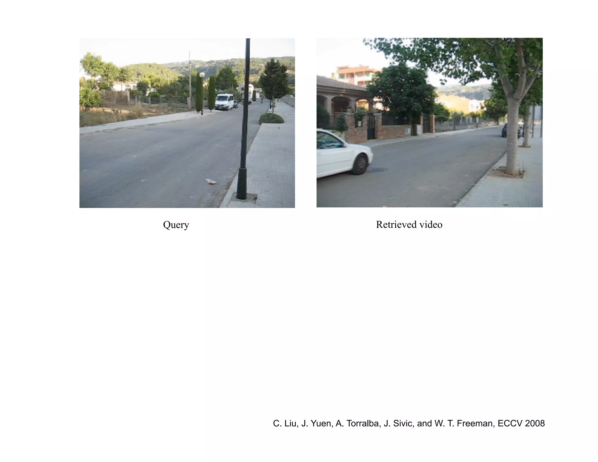 Query                            Retrieved video




        C. Liu, J. Yuen, A. Torralba, J. Sivic, and W. T. Freeman, ECCV 2008
 