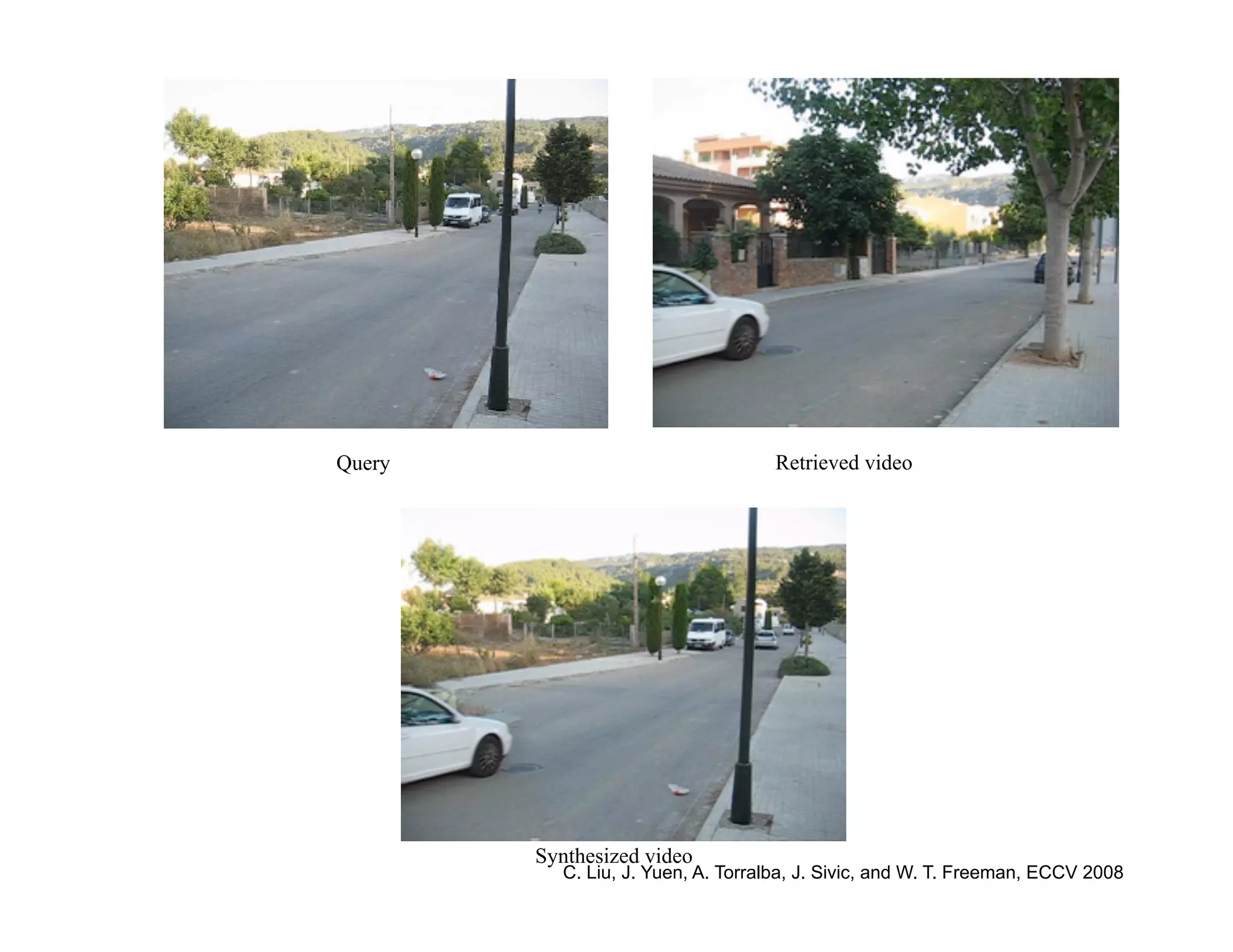 Query                              Retrieved video




        Synthesized video
          C. Liu, J. Yuen, A. Torralba, J. Sivic, and W. T. Freeman, ECCV 2008
 