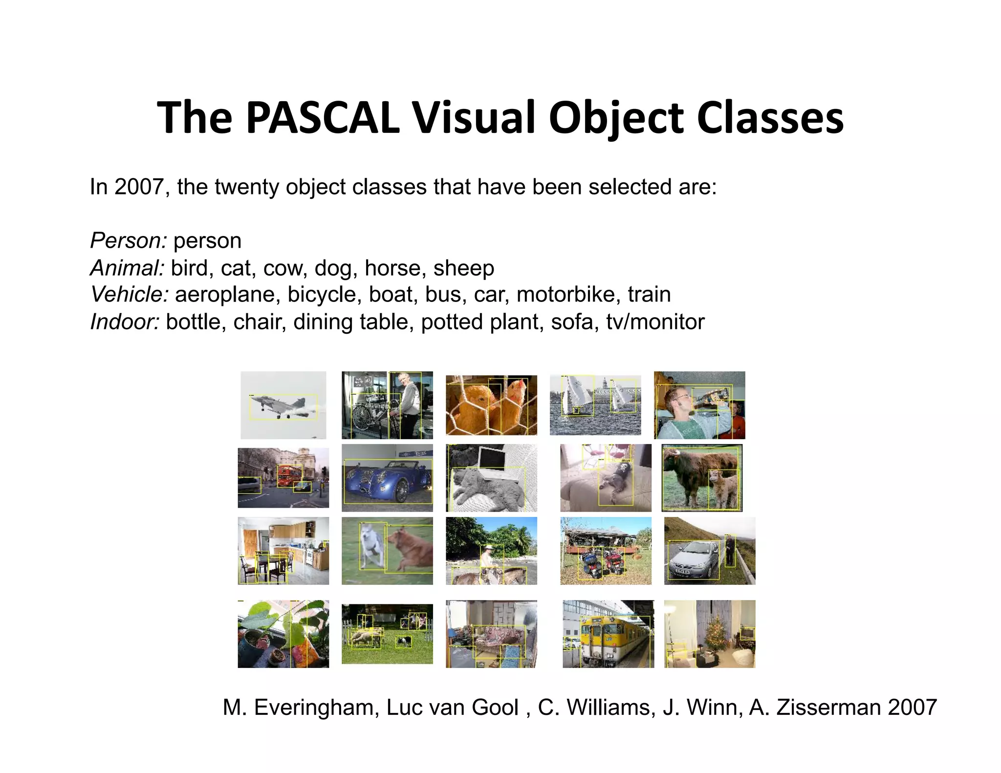 The PASCAL Visual Object Classes  
In 2007, the twenty object classes that have been selected are:

Person: person
Animal: bird, cat, cow, dog, horse, sheep
Vehicle: aeroplane, bicycle, boat, bus, car, motorbike, train
Indoor: bottle, chair, dining table, potted plant, sofa, tv/monitor




              M. Everingham, Luc van Gool , C. Williams, J. Winn, A. Zisserman 2007
 