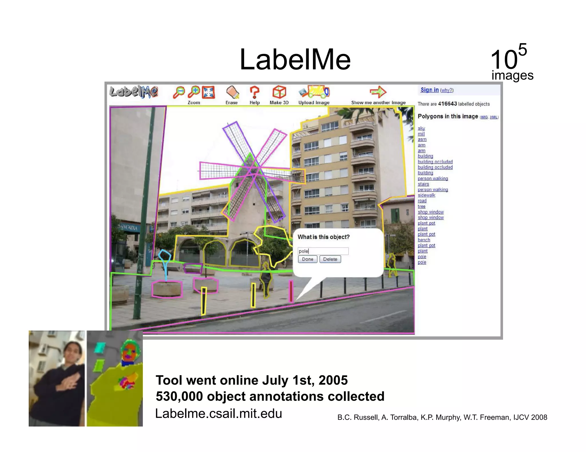 5
                   LabelMe                                                     10
                                                                               images




Tool went online July 1st, 2005
530,000 object annotations collected
Labelme.csail.mit.edu         B.C. Russell, A. Torralba, K.P. Murphy, W.T. Freeman, IJCV 2008
 