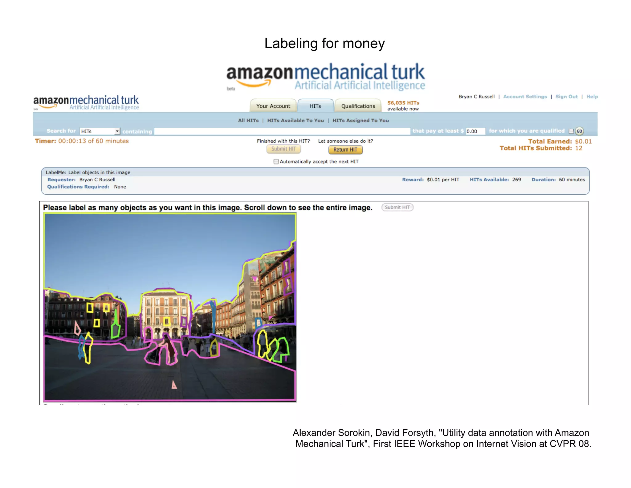 Labeling for money




    Alexander Sorokin, David Forsyth, "Utility data annotation with Amazon
    Mechanical Turk", First IEEE Workshop on Internet Vision at CVPR 08.
 