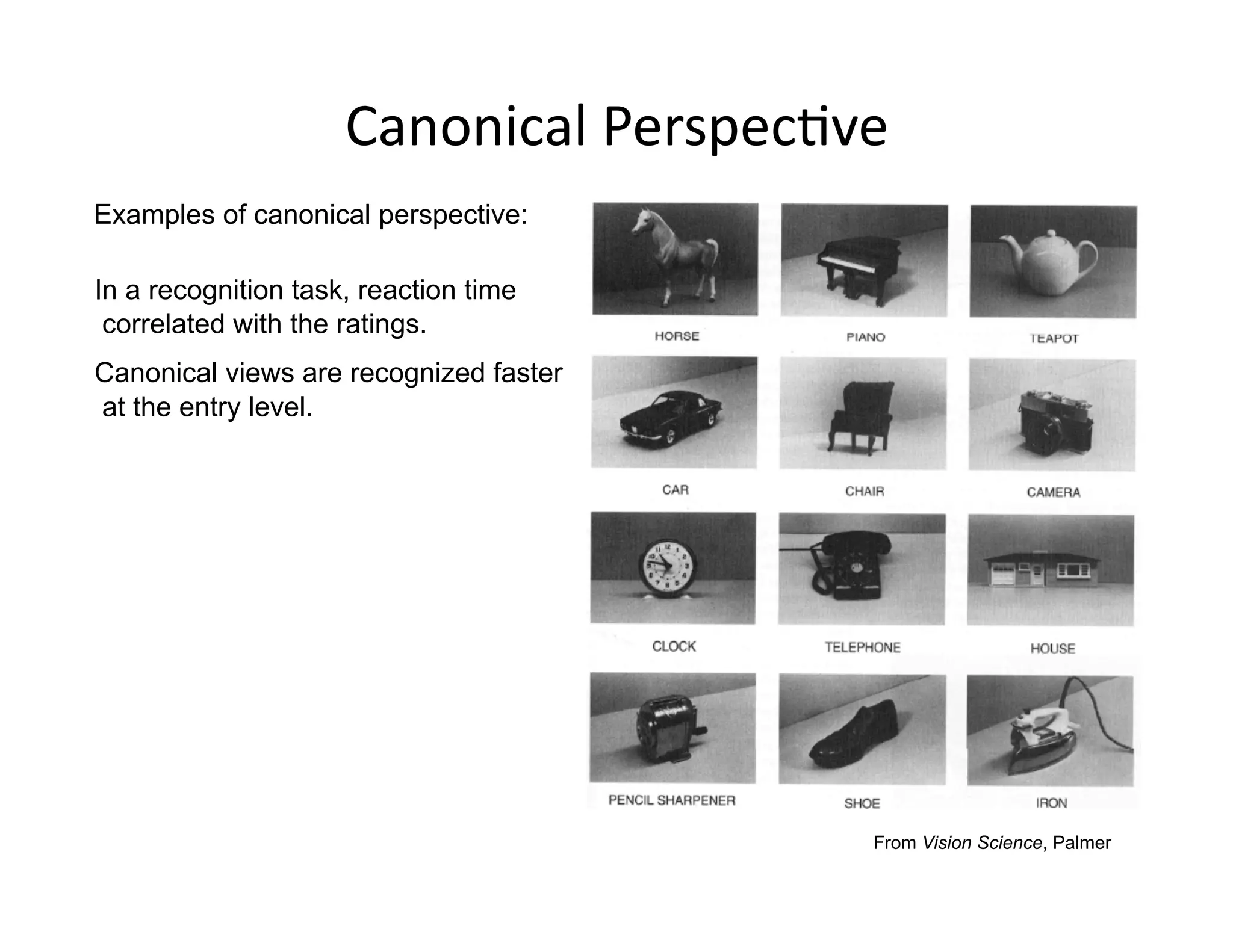 Canonical PerspecPve 
Examples of canonical perspective:

In a recognition task, reaction time
 correlated with the ratings.
Canonical views are recognized faster
at the entry level.




                                        From Vision Science, Palmer
 