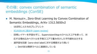 その後:  convex  combination  of  semantic  
embeddings  (ConSE)
l 

M.  Norouzi+,  Zero-‐‑‒Shot  Learning  by  Convex  Combination  of  
Semantic  Embeddings,  ArXiv  1312.5650v2
– 

ほぼ同じ⼈人たちのプレプリント

– 

ICLR2014に提出中  (open  review)

– 

回帰レイヤーを学習せずに、Supervisionのtop-‐‑‒kラベルスコアを使って、対
応する埋め込みベクトルを予測スコアで重み付けした平均値を出⼒力力する

– 

過学習を回避（zero-‐‑‒shot  labelに対する精度度がより⾼高い）
l 

DeViSEは教師ラベルに過適合している
15

 