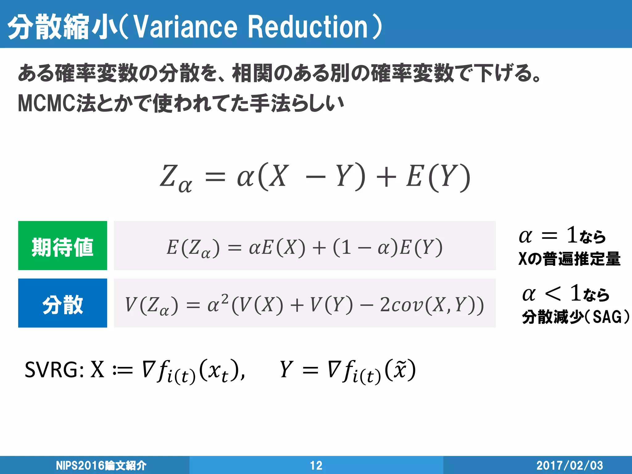分散縮小（Variance Reduction）
ある確率変数の分散を、相関のある別の確率変数で下げる。
MCMC法とかで使われてた手法らしい
2017/02/03NIPS2016論文紹介 12
𝑍 𝛼 = 𝛼 𝑋 − 𝑌 + 𝐸(𝑌)
𝐸(𝑍 𝛼) = 𝛼𝐸 𝑋) + 1 − 𝛼 𝐸(𝑌期待値
𝛼 = 1なら
Xの普遍推定量
𝑉(𝑍 𝛼) = 𝛼2(𝑉 𝑋) + 𝑉 𝑌 − 2𝑐𝑜𝑣(𝑋, 𝑌 )分散
𝛼 < 1なら
分散減少（SAG）
SVRG: X ≔ 𝛻𝑓𝑖 𝑡 𝑥 𝑡 , 𝑌 = 𝛻𝑓𝑖 𝑡 𝑥
 
