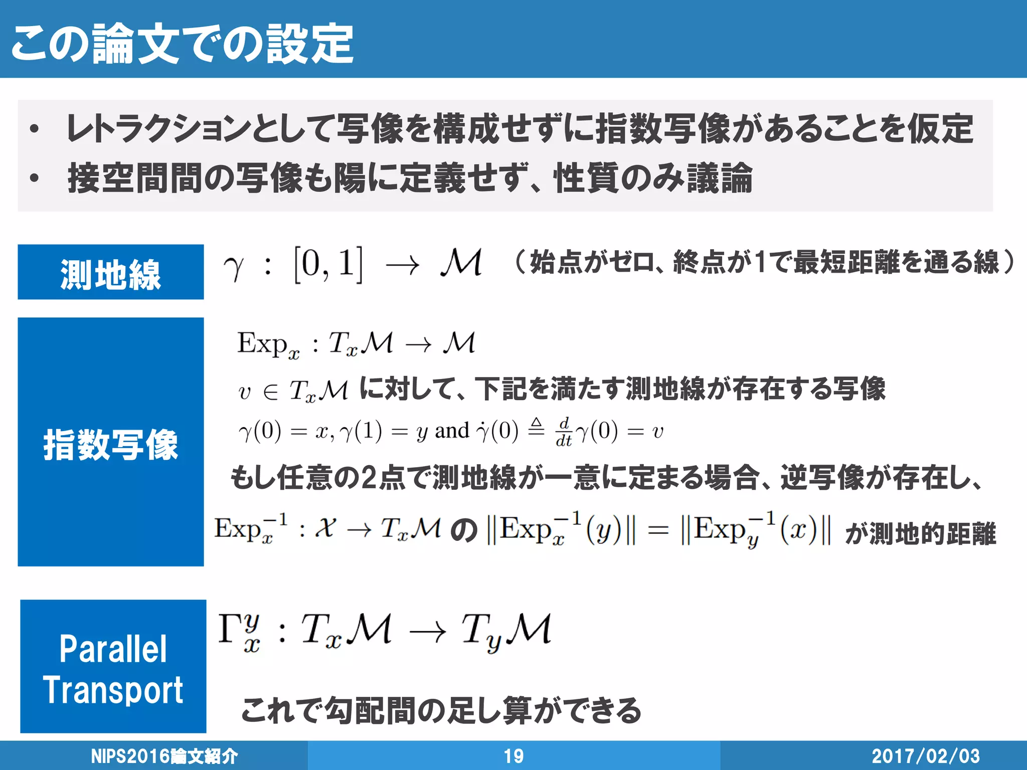この論文での設定
• レトラクションとして写像を構成せずに指数写像があることを仮定
• 接空間間の写像も陽に定義せず、性質のみ議論
2017/02/03NIPS2016論文紹介 19
指数写像
測地線 （始点がゼロ、終点が1で最短距離を通る線）
に対して、下記を満たす測地線が存在する写像
もし任意の2点で測地線が一意に定まる場合、逆写像が存在し、
の が測地的距離
Parallel
Transport
これで勾配間の足し算ができる
 