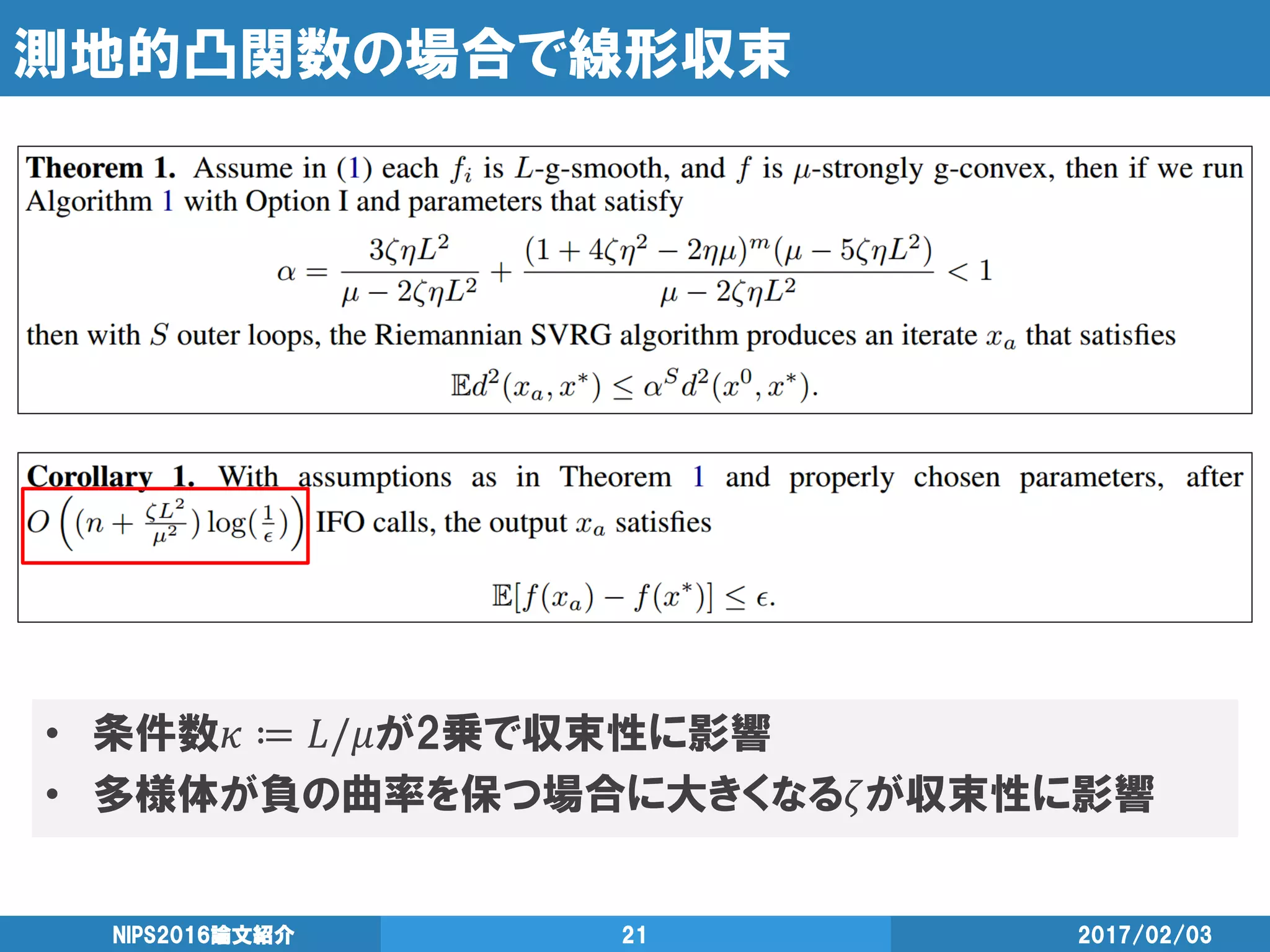 測地的凸関数の場合で線形収束
2017/02/03NIPS2016論文紹介 21
• 条件数𝜅 ≔ 𝐿/𝜇が2乗で収束性に影響
• 多様体が負の曲率を保つ場合に大きくなる𝜁が収束性に影響
 