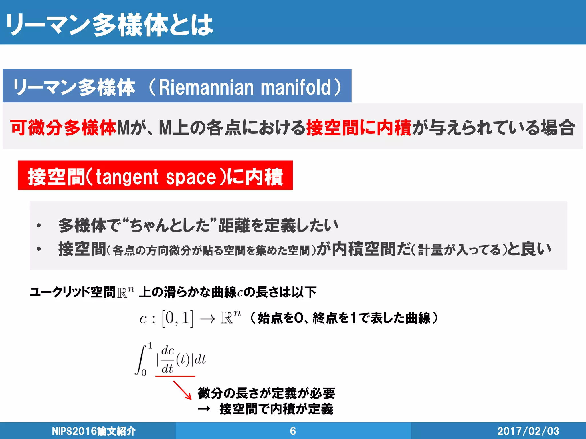 リーマン多様体とは
2017/02/03NIPS2016論文紹介 6
リーマン多様体 （Riemannian manifold）
可微分多様体Mが、M上の各点における接空間に内積が与えられている場合
接空間（tangent space）に内積
• 多様体で“ちゃんとした”距離を定義したい
• 接空間（各点の方向微分が貼る空間を集めた空間）が内積空間だ（計量が入ってる）と良い
ユークリッド空間 上の滑らかな曲線𝑐の長さは以下
（始点を０、終点を１で表した曲線）
微分の長さが定義が必要
→ 接空間で内積が定義
 