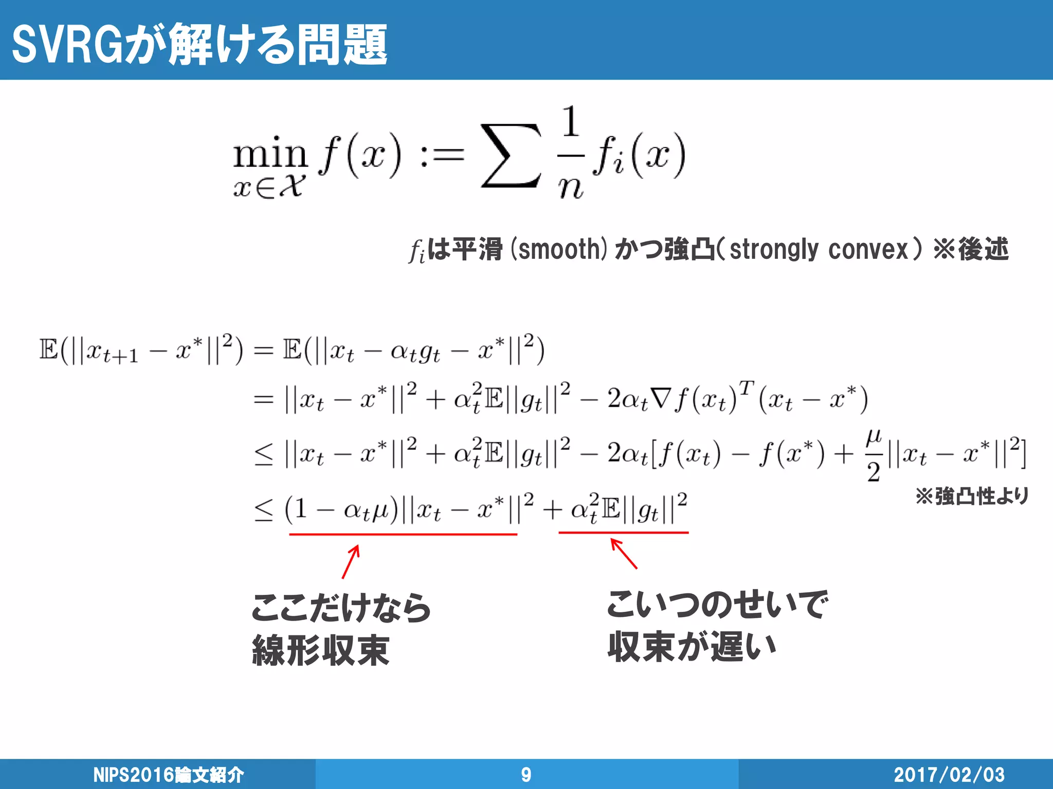 SVRGが解ける問題
2017/02/03NIPS2016論文紹介 9
𝑓𝑖は平滑(smooth)かつ強凸（strongly convex） ※後述
※強凸性より
ここだけなら
線形収束
こいつのせいで
収束が遅い
 