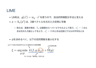 LIME
LIMEϣg(z ) = w ? z ʹΤǣӷ؏ַԤ
x = h (x ) ϣ2٥ȥԪgд
УΈϣh ϻΥ`ѩ`ԥȤƒQx = 1 Τ
ԪȤƤȤ꣬x = 0 ΤȤϽӥԥƽȤ
?Q٤¤ĿvС

g

x

x i

i

 