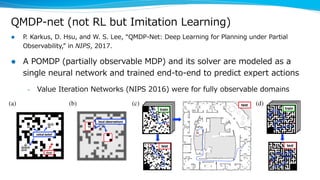 QMDP-net (not RL but Imitation Learning)
l P. Karkus, D. Hsu, and W. S. Lee, “QMDP-Net: Deep Learning for Planning under Partial
Observability,” in NIPS, 2017.
l A POMDP (partially observable MDP) and its solver are modeled as a
single neural network and trained end-to-end to predict expert actions
– Value Iteration Networks (NIPS 2016) were for fully observable domains
 