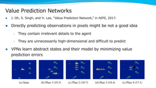 Value Prediction Networks
l J. Oh, S. Singh, and H. Lee, “Value Prediction Network,” in NIPS, 2017.
l Directly predicting observations in pixels might be not a good idea
– They contain irrelevant details to the agent
– They are unnecessarily high-dimensional and difficult to predict
l VPNs learn abstract states and their model by minimizing value
prediction errors
 