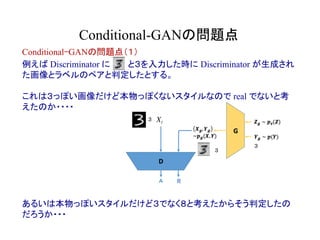 Conditional-GANの問題点	
Xl
R
３
３
３
例えば Discriminator に　　　と３を入力した時に Discriminator が生成され
た画像とラベルのペアと判定したとする。
これは３っぽい画像だけど本物っぽくないスタイルなので real でないと考
えたのか・・・・
あるいは本物っぽいスタイルだけど３でなく８と考えたからそう判定したの
だろうか・・・
Conditional-GANの問題点（１）
 