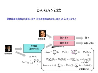 DA-GANとは	
実際は本物画像の「本物っぽさ」を生成画像の「本物っぽさ」の kt 倍にする？
誰？
生成器
（generator）
本物画像
合成画像
洗練された画像
L1 ノルム
識別器２ 本物っぽさ
識別器１
とすべく
で更新する
は
 