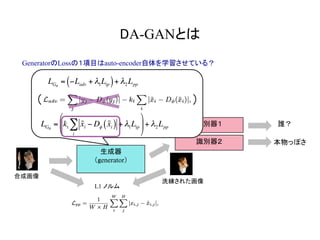 DA-GANとは	
GeneratorのLossの１項目はauto-encoder自体を学習させている？
誰？
生成器
（generator）
本物画像
合成画像
洗練された画像
L1 ノルム
識別器２ 本物っぽさ
識別器１
LGθ
= −Ladv + λ1Lip( )+ λ2Lpp
（ ）
LGθ
= kt
!xi − Dφ !xi( )
i
∑ + λ1Lip
⎛
⎝
⎜
⎞
⎠
⎟+ λ2Lpp
 